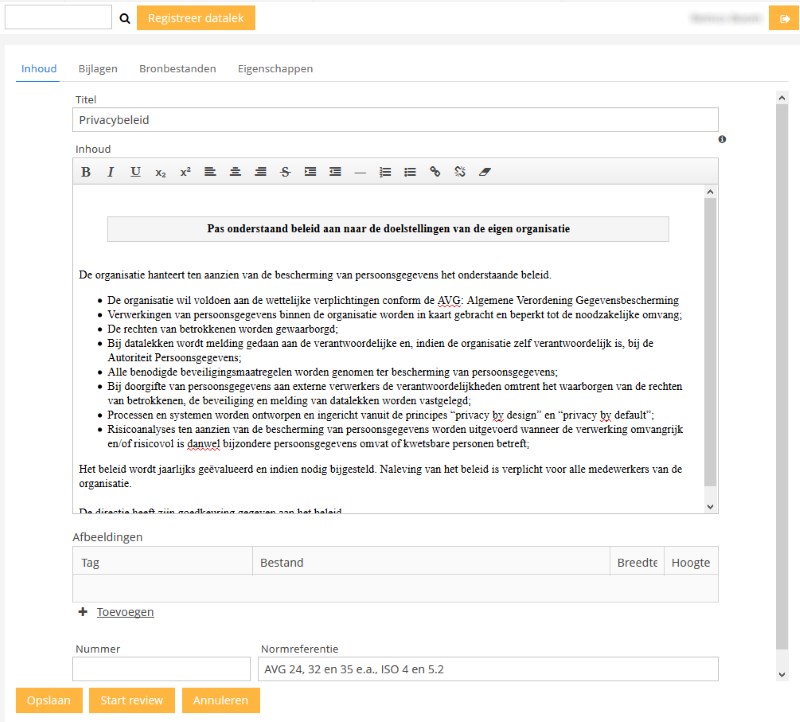 Privacybeleid in de editor - voorbeeld in Base27-AVG. De editor werkt inline zodat gemakkelijk documenten te wijzigen zijn.