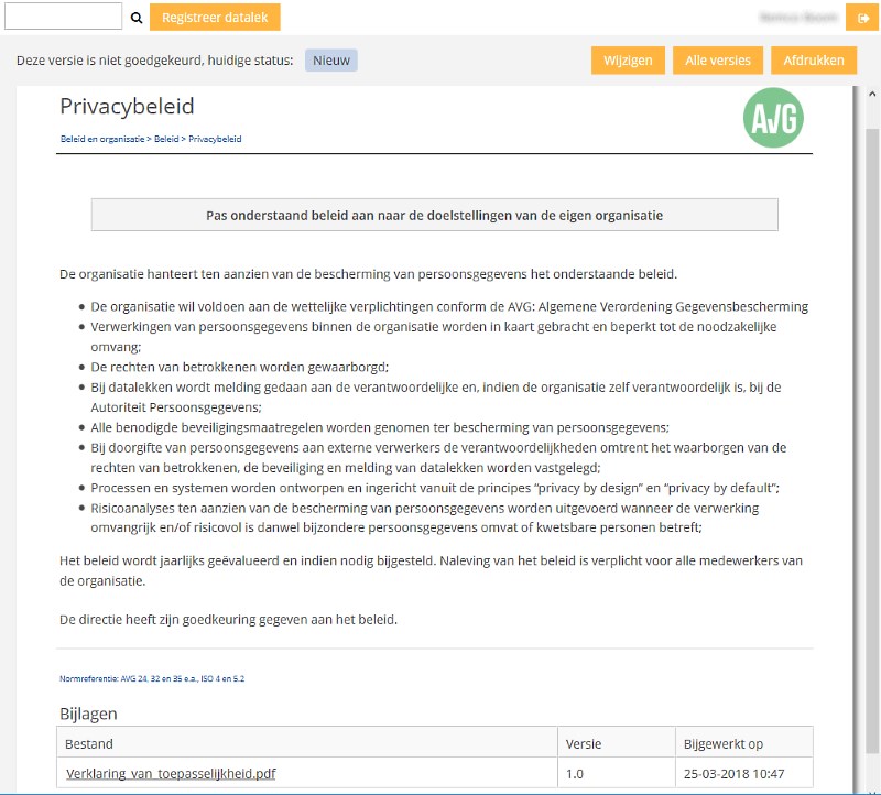 Privacybeleid voorbeeld in Base27-AVG. Deze is eenvoudig in te zien en documenten kunnen worden bijgevoegd.