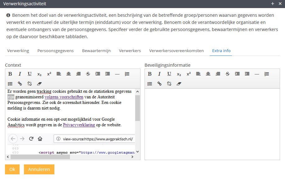 Activiteitsverwerking cookies extra info in het verwerkingsregister volgens AVG regels