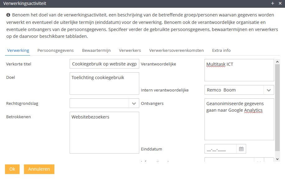 Activiteitsverwerking cookies in het verwerkingsregister volgens AVG regels